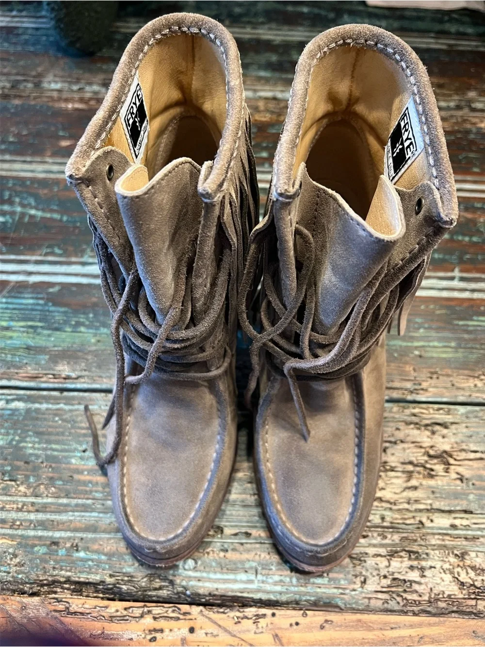 Frye Taupe Suede Fringe Lace-Up Ankle Boots